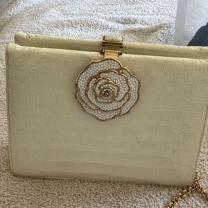 Judith Leiber Cream Croc-Embossed Clutch with Gold Floral Accent